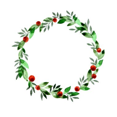 Basit yapraklardan, meyvelerden, böğürtlenlerden oluşan suluboya bir çelenk. yuvarlak çerçeve, beyaz arkaplanda izole edilmiş çelenk. Basit soyut çizim, clipart