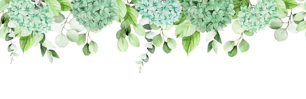 Akwarela Bezszwowa Granica Ramka Sztandar Niebieskimi Kwiatami Hortensji Gałęziami Eukaliptusa — Zdjęcie stockowe