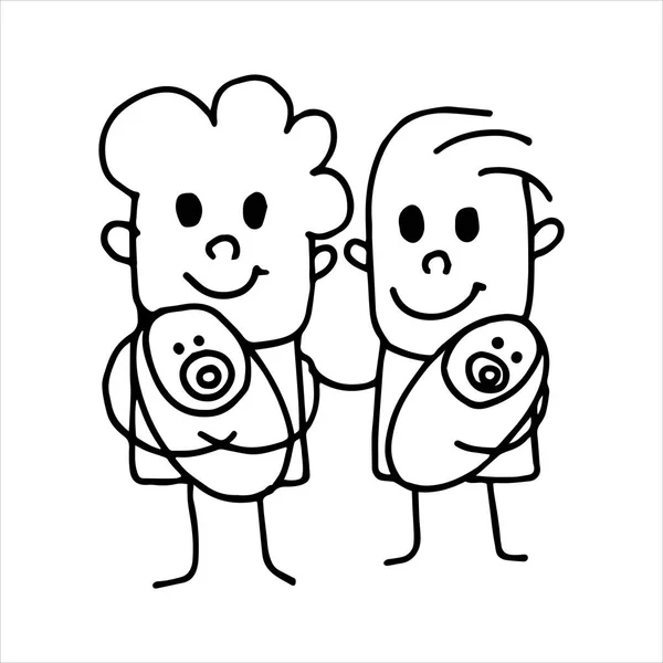 Jednoduchá Kresba Vektorového Stylu Rodina Homosexuálů Dětmi Dva Šťastní Muži — Stockový vektor