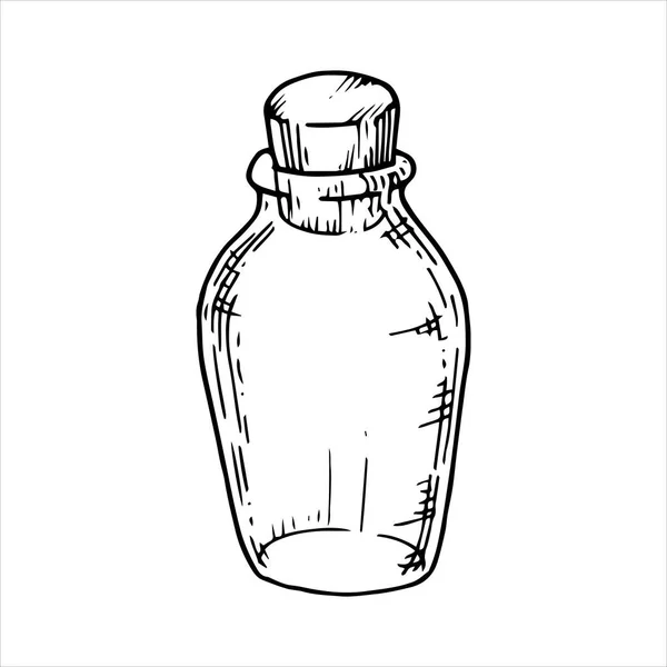 矢量线绘图 装有药水的玻璃瓶 用老式的黑白图形作画 在白色背景上隔离的容器 替代疗法 神秘主义的象征 — 图库矢量图片