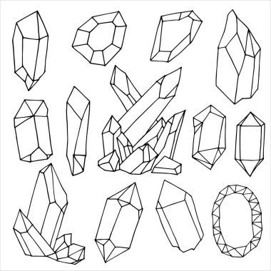 Çizim tarzında vektör illüstrasyonu. Bir takım kristaller. Kristallerin, taşların, elmasların basit grafik çizimleri. beyaz arkaplanda izole edilmiş doruklar