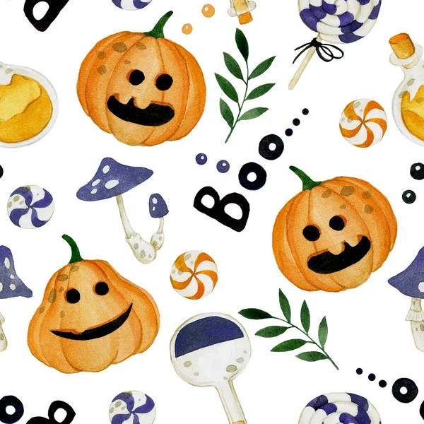 Patrón Sin Costuras Acuarela Tema Halloween Estampado Infantil Con Lindos —  Fotos de Stock