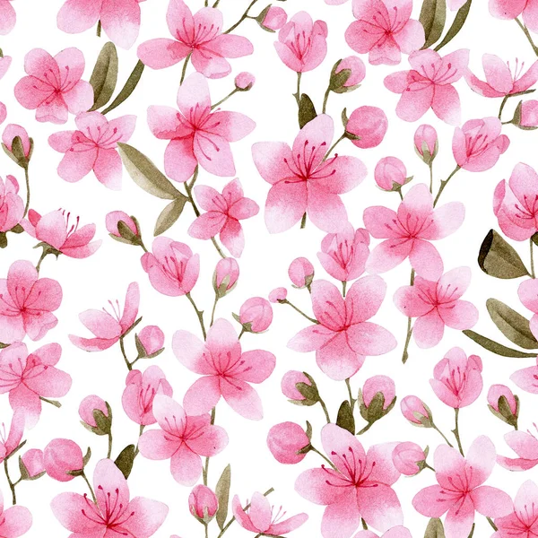 watercolor seamless pattern with pink sakura flowers. print with cherry flowers, sakura, apple trees on a white background.