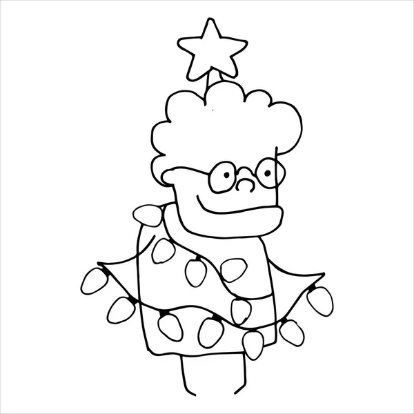 Cute Doodle Vector Drawing Elderly Woman Celebrates Christmas New Year — Stock Vector