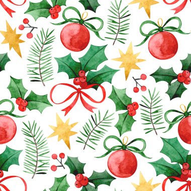 Christmas seamless pattern in vintage style. Watercolor illustration with Christmas plants and toys.