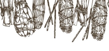 aromatherapy, seamless border. incense, herbs, palo santo. illustration in sketch style