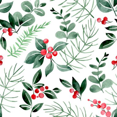 Kusursuz bir Noel modeli. Noel bitkileri, köknar dalları, okaliptüs ve kırmızı böğürtlenli suluboya baskısı.