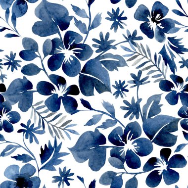 Mavi soyut çiçekli kusursuz suluboya deseni. Kumaş ve duvar kağıdı için çiçek baskısı.