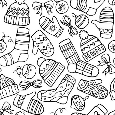 Boyama kitabı. Örgü çoraplar, şapkalar ve eldivenlerle kusursuz desen. Karalama tarzında Noel baskısı.