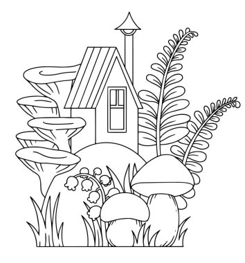 Boyama kitabı. Evleri, orman bitkileri ve mantarları olan sevimli bir kompozisyon..