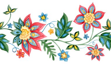 Doğu tarzında kusursuz sınır. Folk tarzı çiçek süsüyle suluboya çizimi.