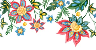 Doğu tarzında kusursuz sınır. Folk tarzı çiçek süsüyle suluboya çizimi.