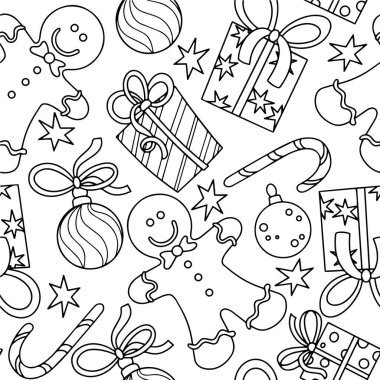 Güzel bir Noel boyama sayfası. Kusursuz desenli hediyeler ve dekorasyonlar. Vektör illüstrasyonu, özet