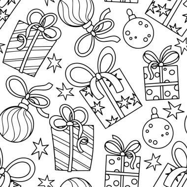 Güzel bir Noel boyama sayfası. Kusursuz desenli hediyeler ve dekorasyonlar. Vektör illüstrasyonu, özet