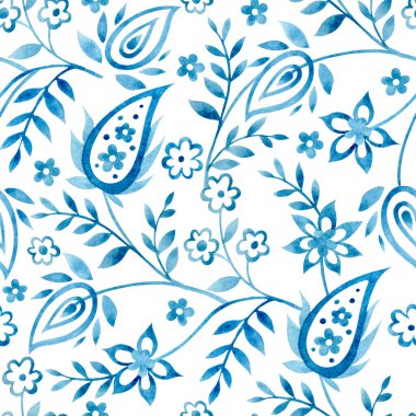 Bitmeyen desenler ve suluboya süsler. Oryantal mavi iz. Şal deseni