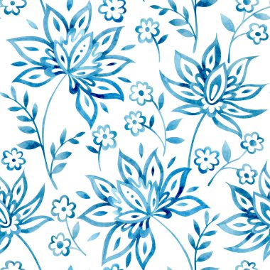 Bitmeyen desenler ve suluboya süsler. Oryantal mavi iz. Şal deseni