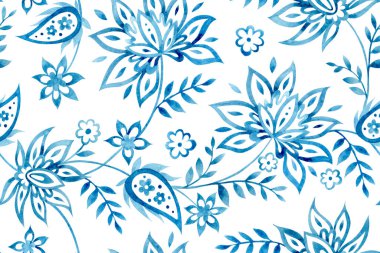 Bitmeyen desenler ve suluboya süsler. Oryantal mavi iz. Şal deseni