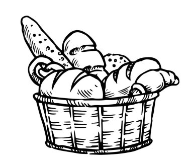 Taze pişmiş yiyecekler, ekmek ve çöreklerle dolu bir sepet. Çizim vektör illüstrasyonu