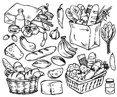 Market poşeti, sepet, sebze ve fırınlanmış yiyecekler. Çizim stili vektör çizimi. Alışveriş.