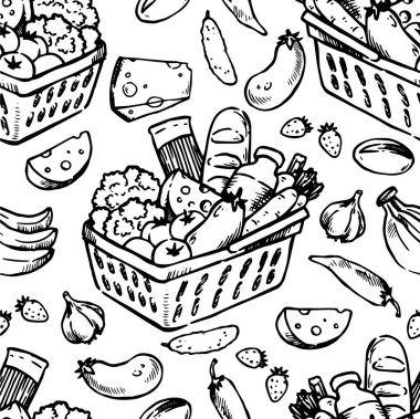 Süpermarket sepeti ve ürünleriyle kusursuz desen. Çizim tarzında vektör illüstrasyonu. alışveriş