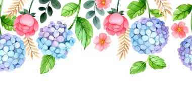 Kusursuz suluboya sınırı. Mavi ortanca ve pembe güllü bir resim..