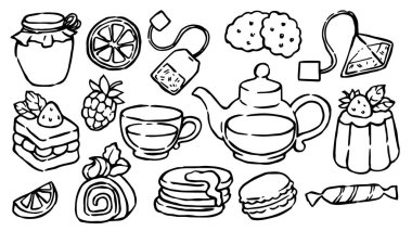Çay partisi, karalama vektörü çizimi. Tatlılar, tatlılar ve çay..