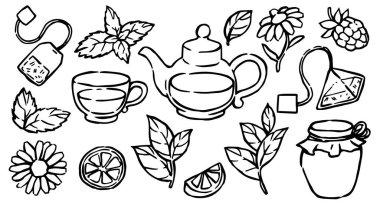 Bir çay çizimi seti. Çaydanlık, kupa, bitki çayı, limon ve nane. Vektör çizim biçimi