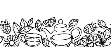 Bitki çayının kusursuz sınırı, karalama stilinde vektör illüstrasyonu.