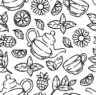 Bitki çayının kusursuz deseni, karalama stilinde vektör çizimi.