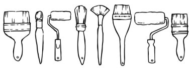 Duvarları boyamak ve tamir etmek için fırçalar ve silindirler. Karalama biçiminde vektör illüstrasyonu