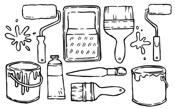 Duvarları boyamak ve tamir etmek için fırçalar ve silindirler. Karalama biçiminde vektör illüstrasyonu