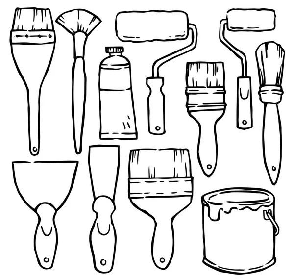 Duvarları boyamak ve tamir etmek için fırçalar ve silindirler. Karalama biçiminde vektör illüstrasyonu