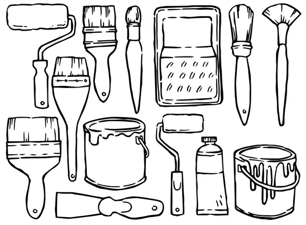 Duvarları boyamak ve tamir etmek için fırçalar ve silindirler. Karalama biçiminde vektör illüstrasyonu