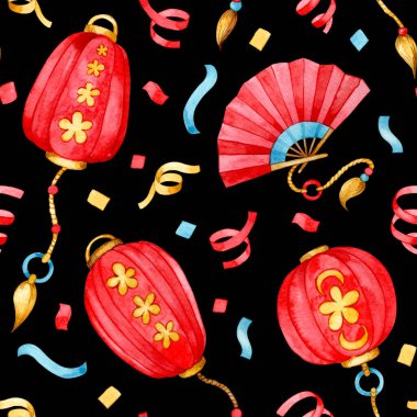 Kusursuz bir Çin Yeni Yıl temalı model. Fenerli suluboya baskı ve koyu arkaplanda havai fişekler.