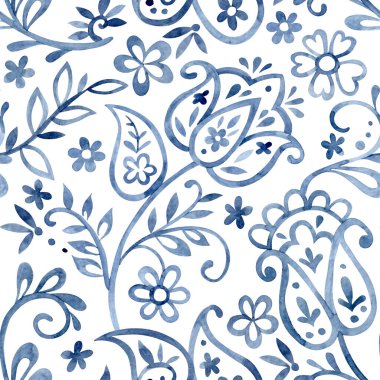 Çiçekli süs eşyasıyla kusursuz desen. Mavi oryantal iz, çiçekler ve desenli.