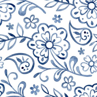Çiçekli süs eşyasıyla kusursuz desen. Mavi oryantal iz, çiçekler ve desenli.