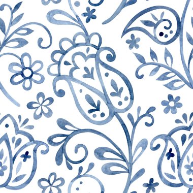Çiçekli süs eşyasıyla kusursuz desen. Mavi oryantal iz, çiçekler ve desenli.