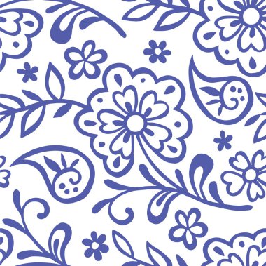 Çiçekli süs eşyasıyla kusursuz desen. Mavi oryantal iz, çiçekler ve desenli.