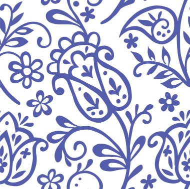 Çiçekli süs eşyasıyla kusursuz desen. Mavi oryantal iz, çiçekler ve desenli.