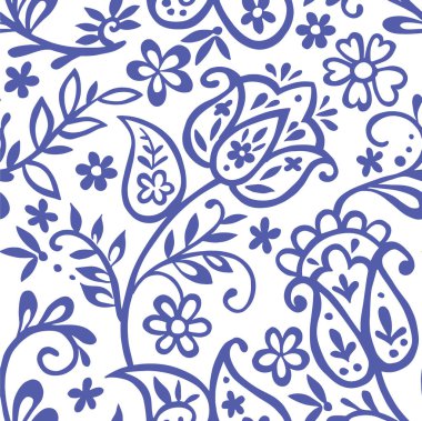 Çiçekli süs eşyasıyla kusursuz desen. Mavi oryantal iz, çiçekler ve desenli.