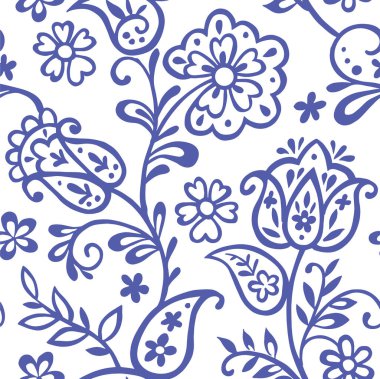 Çiçekli süs eşyasıyla kusursuz desen. Mavi oryantal iz, çiçekler ve desenli.