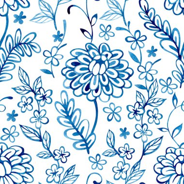 Suluboya çizimi. Mavi çiçekli süs desenleri halk tarzında..