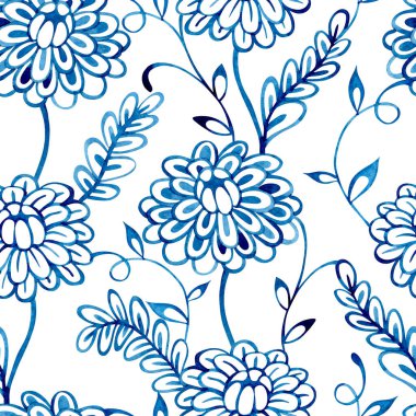 Suluboya çizimi. Mavi çiçekli süs desenleri halk tarzında..