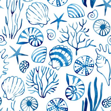 Mavi yosun ve kabuklu kusursuz desen. Suluboya çizimi.