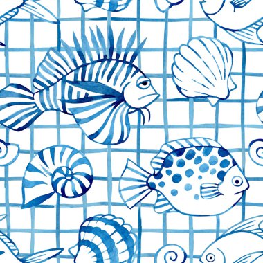 Kusursuz suluboya desenli, arka planda mavi balıklı. Suluboya çizimi