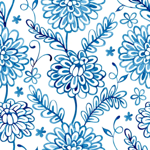 Suluboya çizimi. Mavi çiçekli süs desenleri halk tarzında..