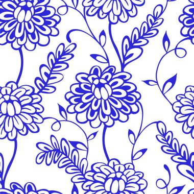 Vektör çizimi. Mavi çiçekli süs desenleri halk tarzında..