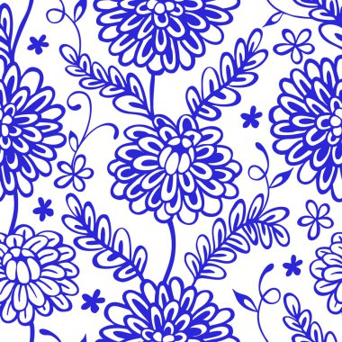 Vektör çizimi. Mavi çiçekli süs desenleri halk tarzında..