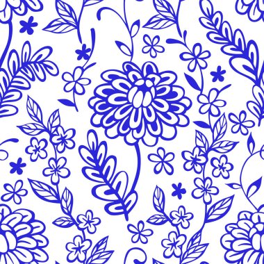 Vektör çizimi. Mavi çiçekli süs desenleri halk tarzında..