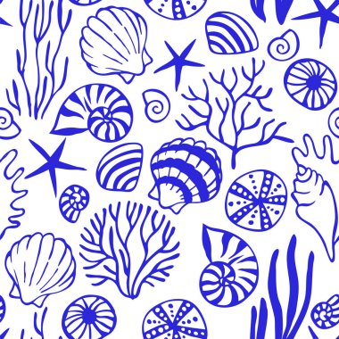 Mavi yosun ve deniz kabuklarıyla kusursuz desen. Vektör illüstrasyonu.